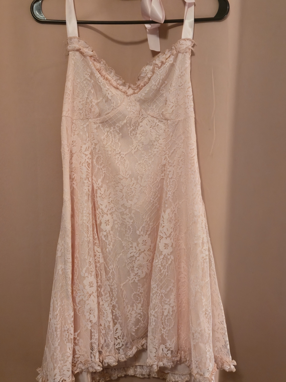 Women's Lace Slip Dress - Light Pink With Ribbon Strap Size L